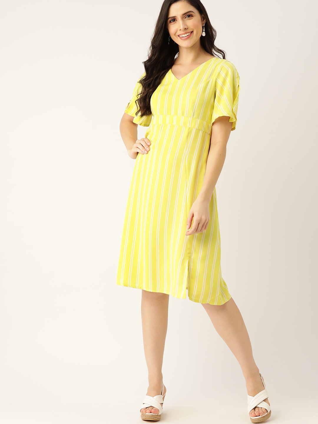 

DressBerry Lime Green & White Striped A-Line Dress