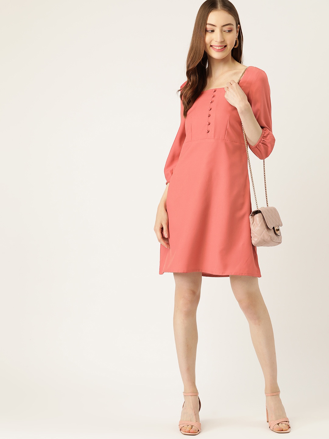 

DressBerry Peach-Coloured Solid A-Line Dress
