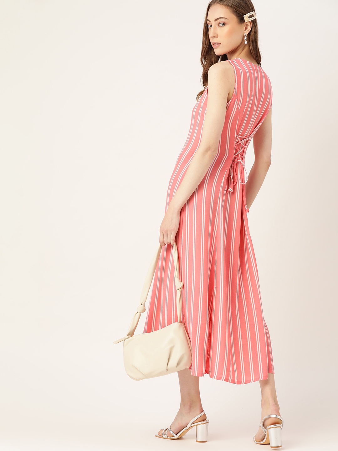 

DressBerry Pink & White Striped A-Line Midi Dress