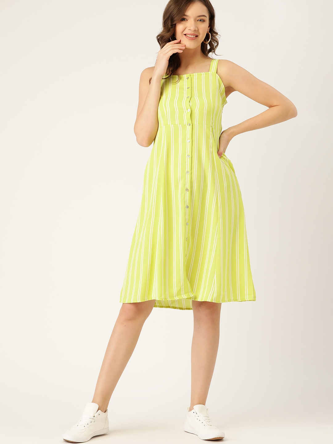 

DressBerry Lime Green & White Striped A-Line Dress