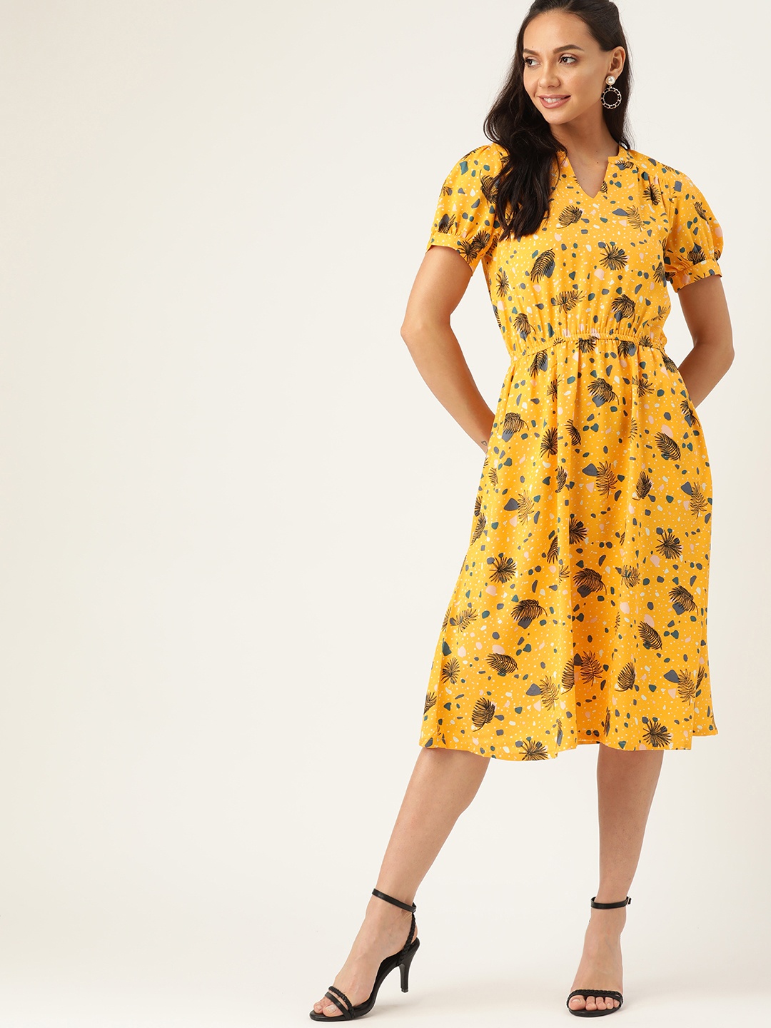 

DressBerry Women Mustard Yellow & Black Printed A-Line Dress