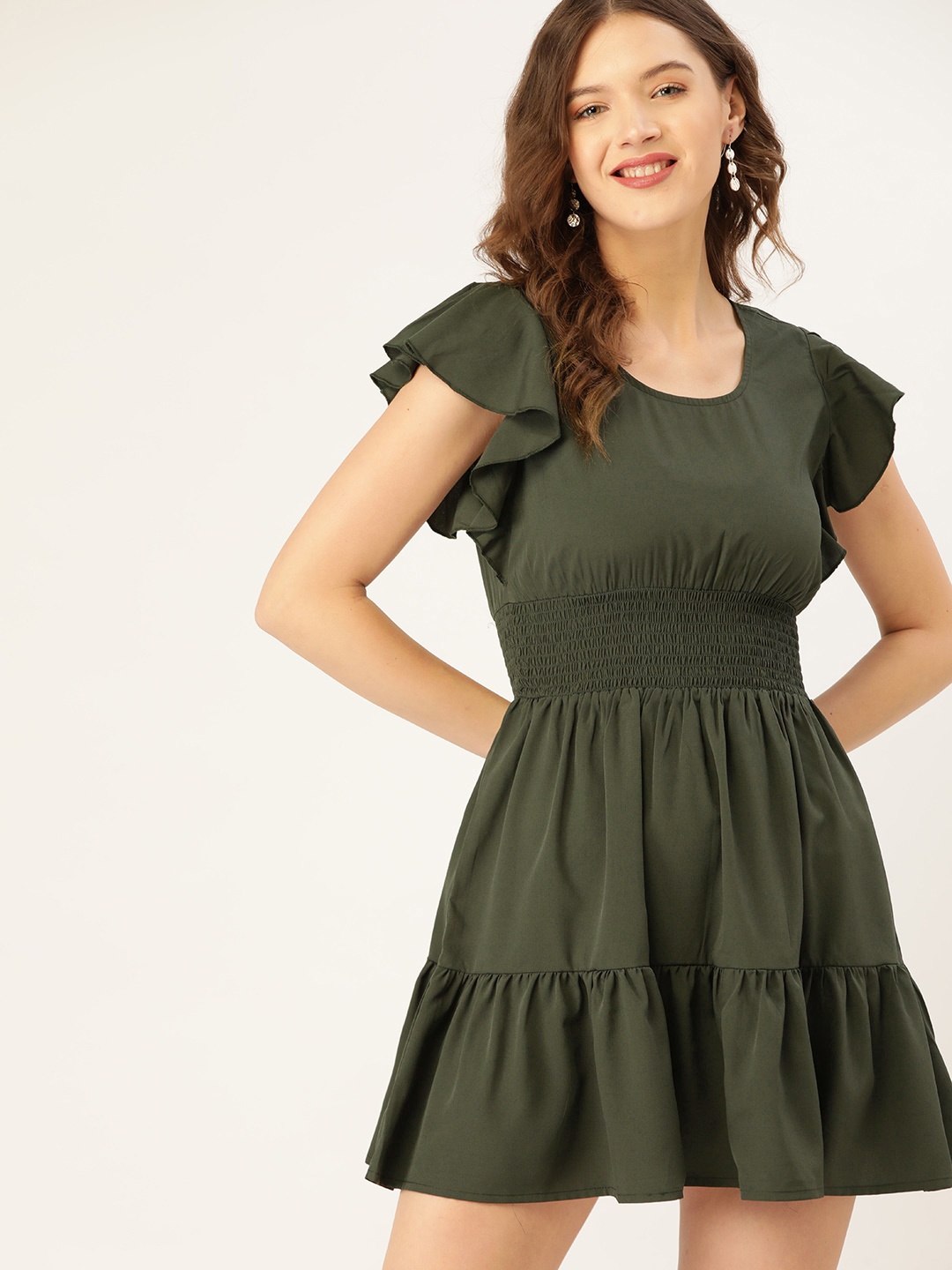 

DressBerry Women Olive Solid A-Line Mini Dress