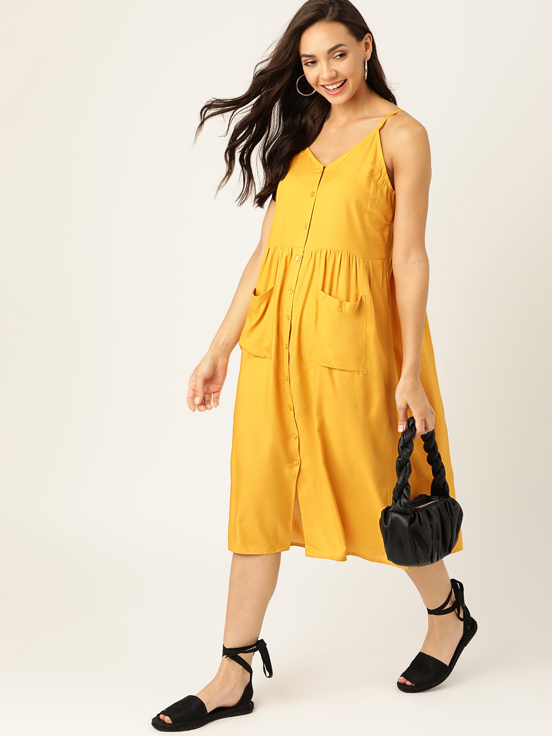 

DressBerry Mustard Yellow Solid A-Line Midi Dress