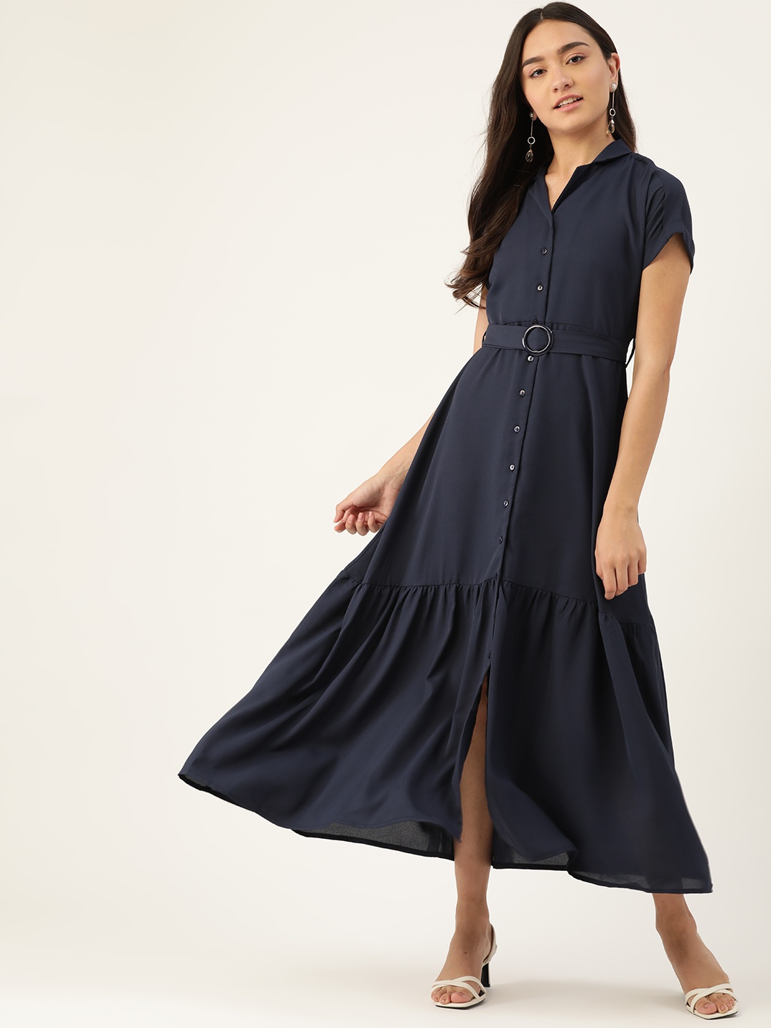 

DressBerry Women Navy Blue Solid Tired Maxi Dress with Belt