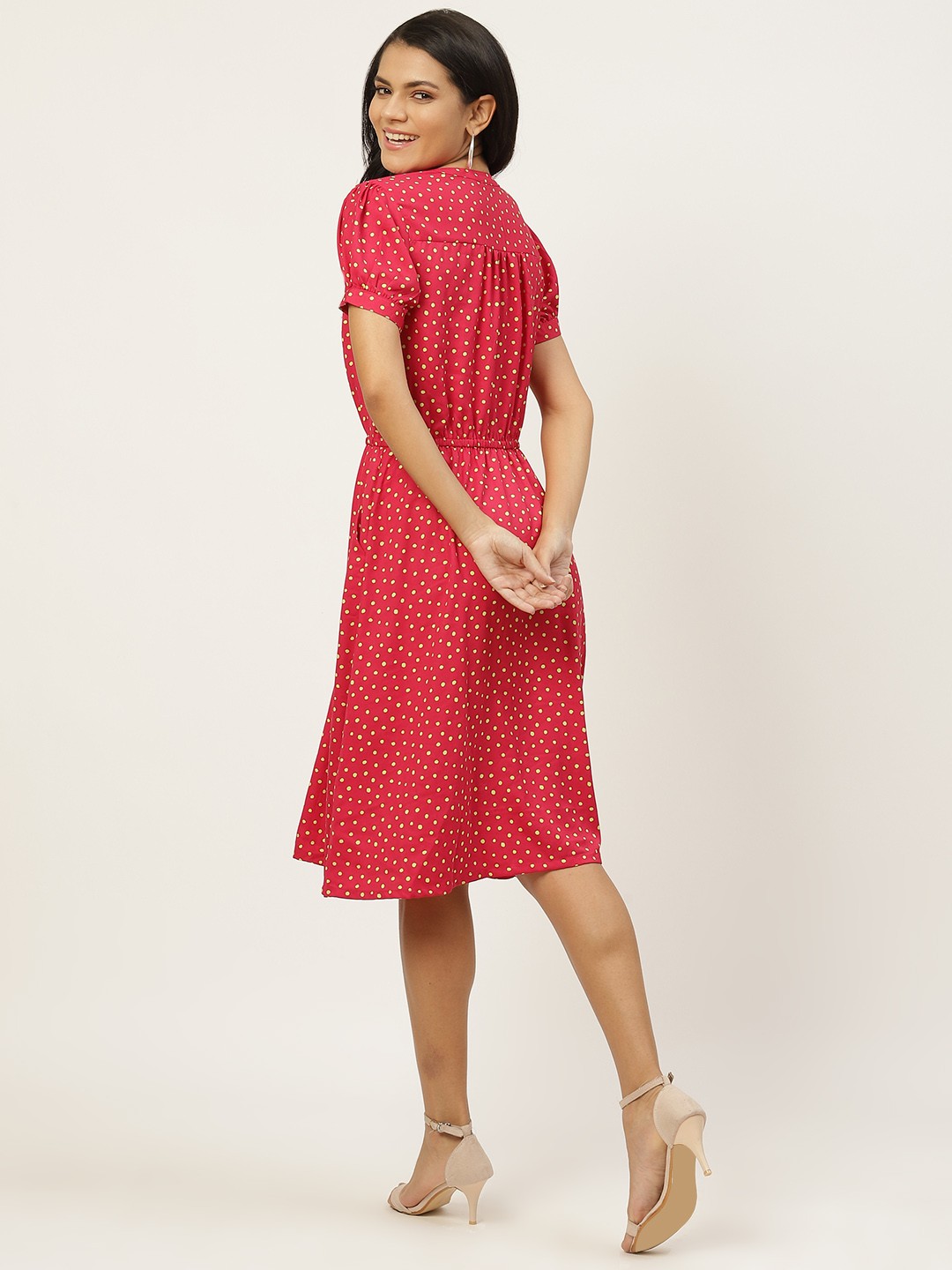 

DressBerry Pink & Yellow Polka Dot Print A-Line Dress