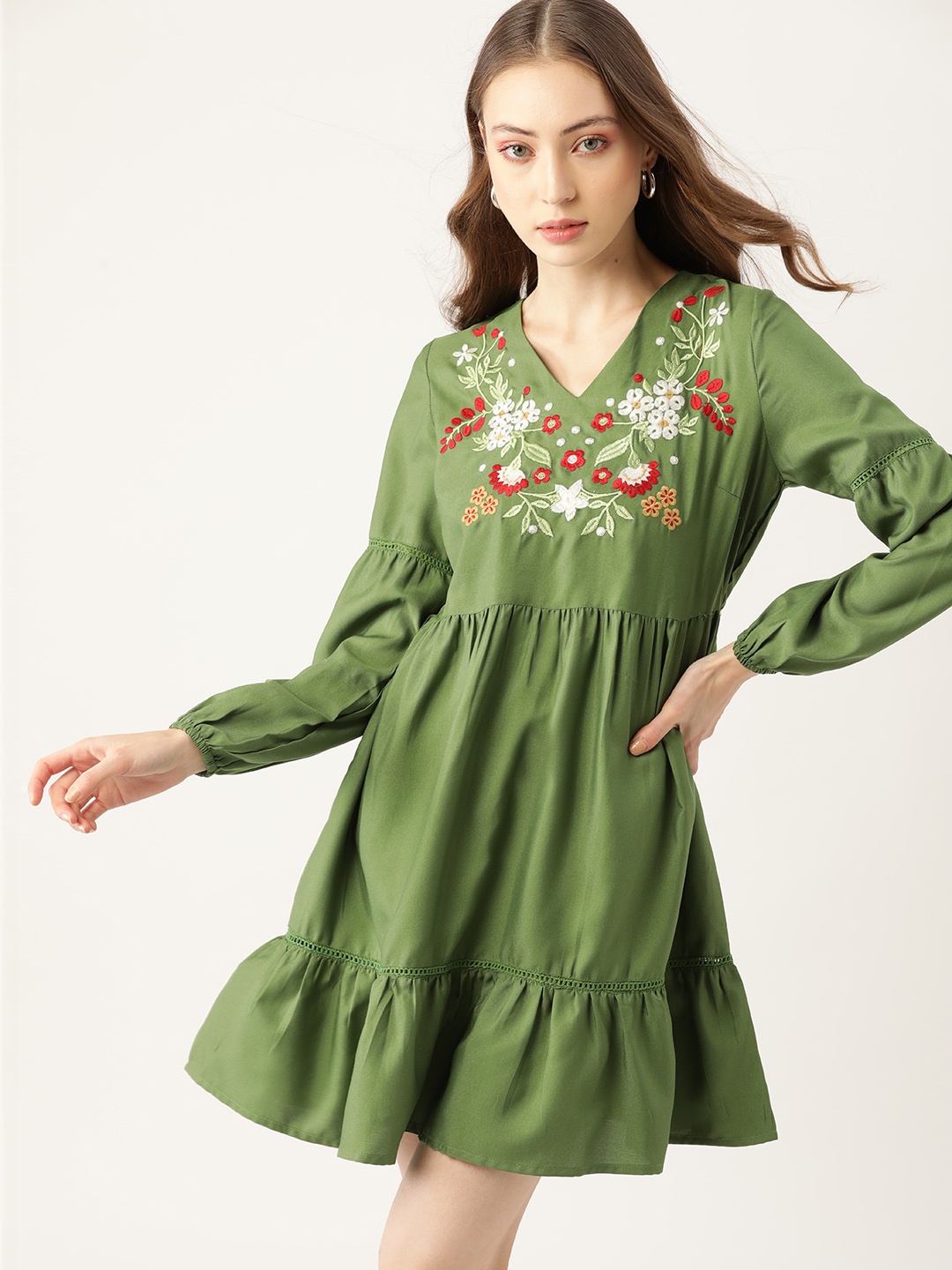 

DressBerry Green Floral Embroidered A-Line Dress