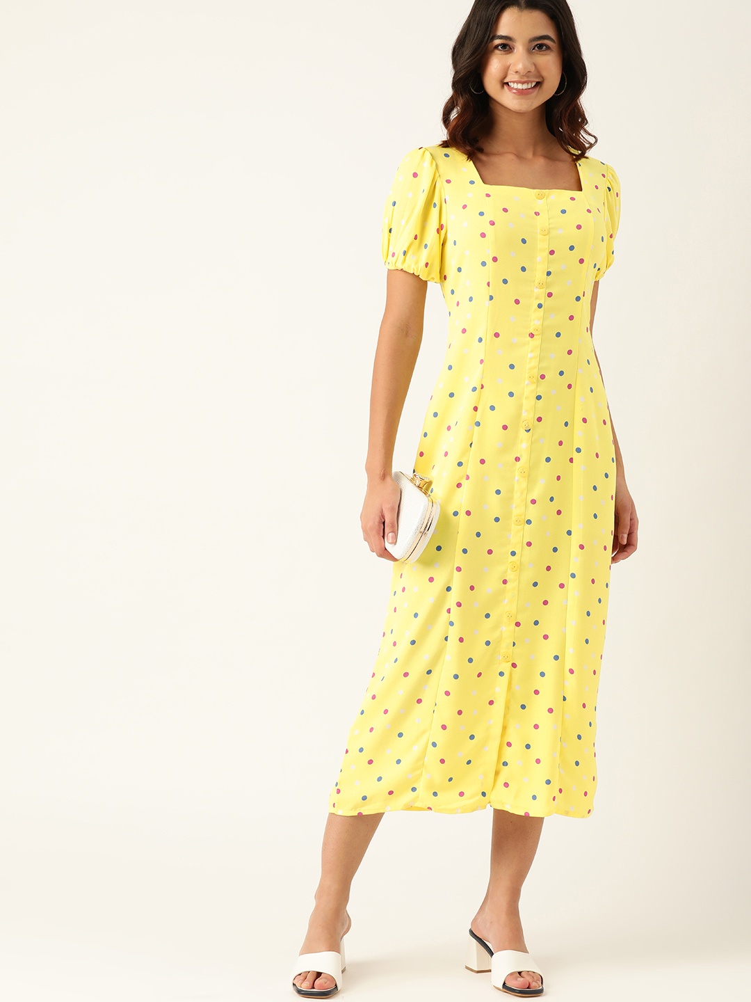 

DressBerry Yellow & Black Polka Dot Print A-Line Midi Dress