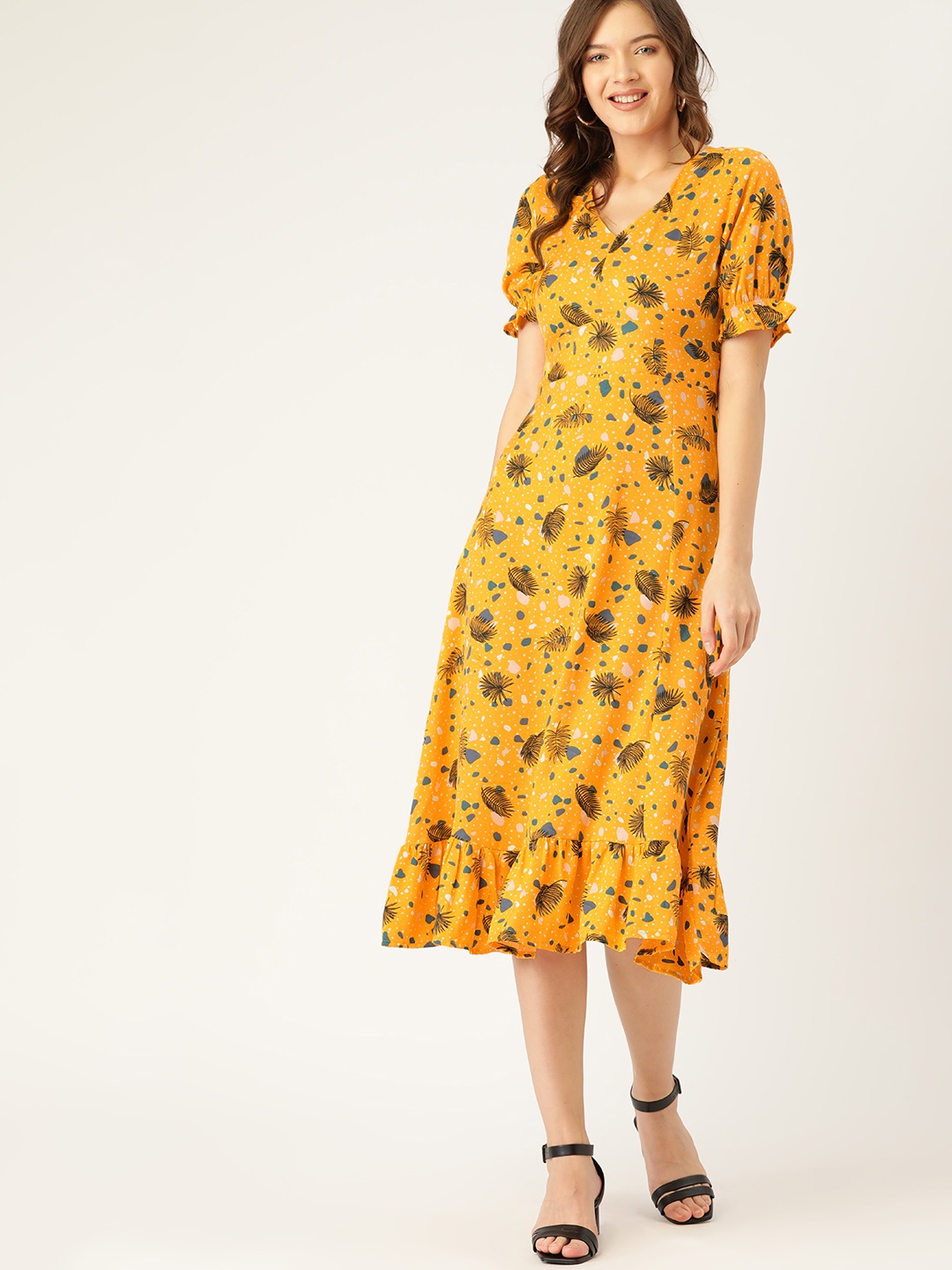 

DressBerry Yellow & Blue A-Line Midi Dress