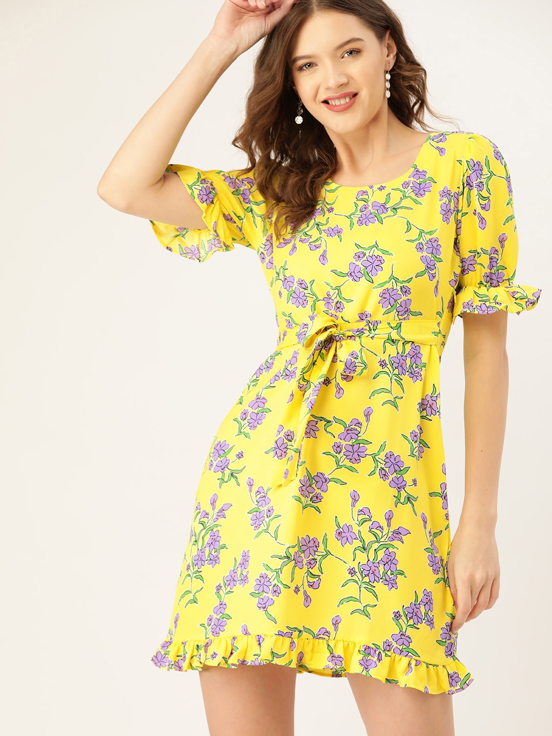 

DressBerry Yellow & Green Floral A-Line Mini Dress
