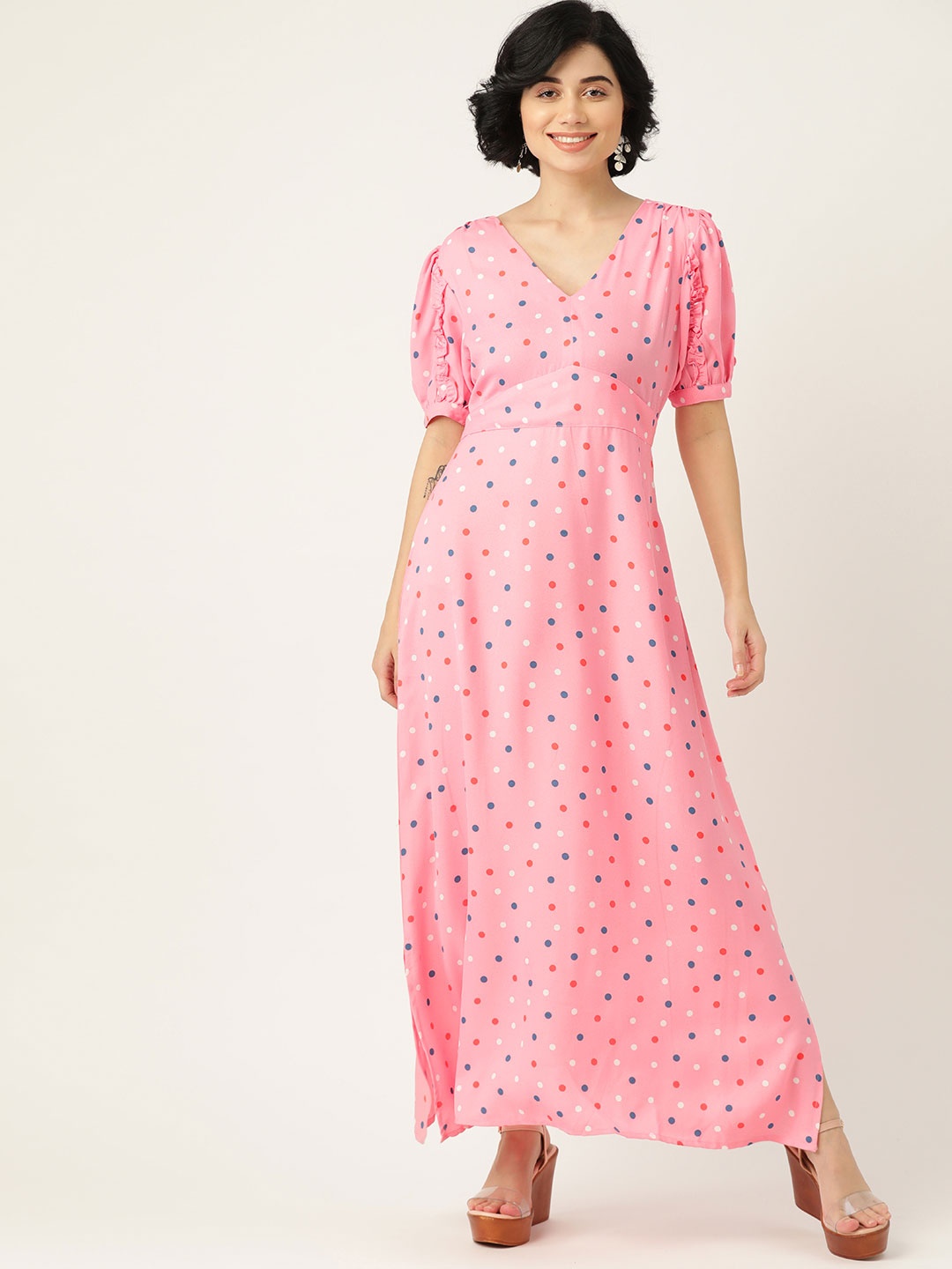 

DressBerry Women Pink & Navy Blue Polka Dots Printed Maxi Dress