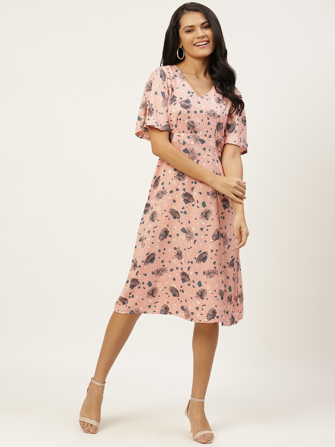 

DressBerry Pink & Grey Floral Print A-Line Dress