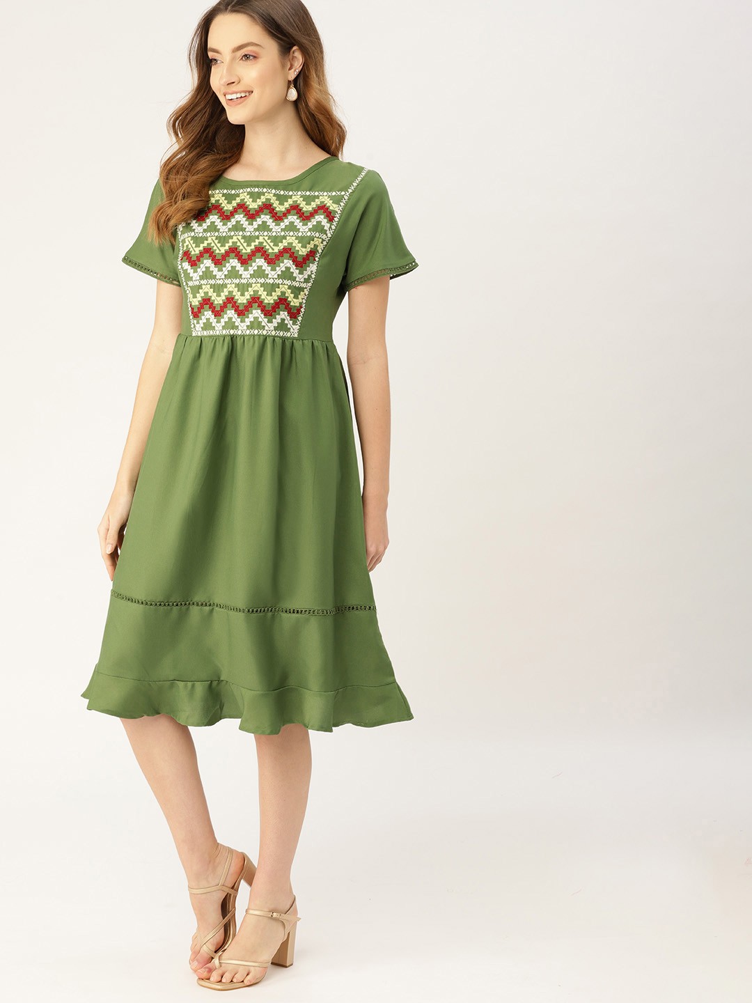 

DressBerry Green Embroidered A-Line Dress