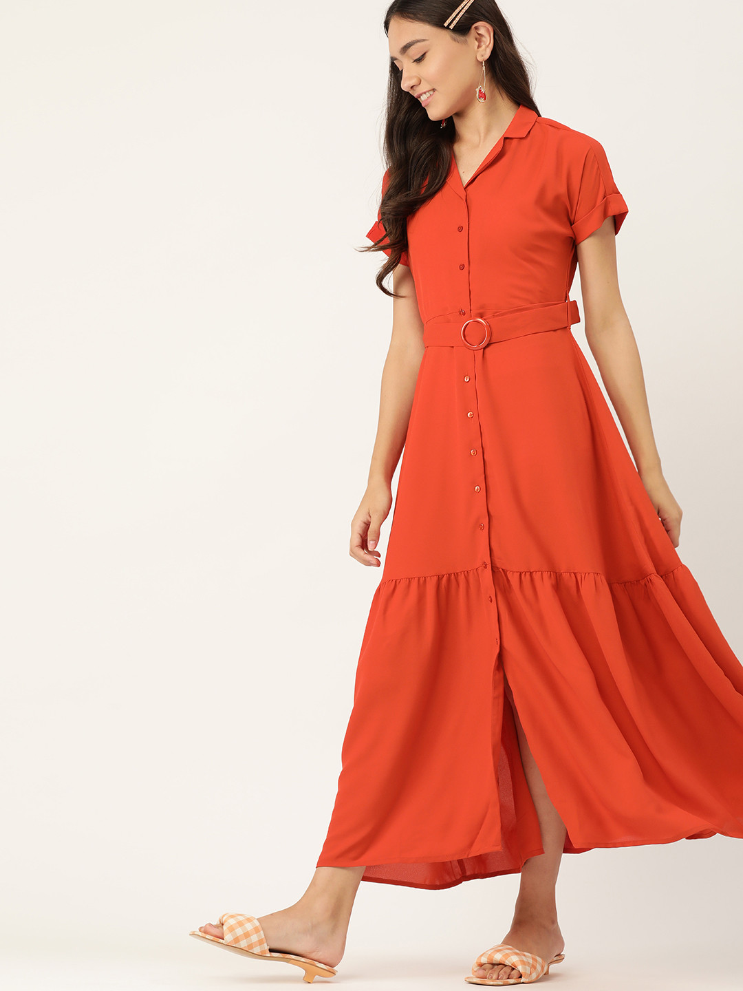 

DressBerry Rust Orange Solid Shirt Maxi Dress with Belt