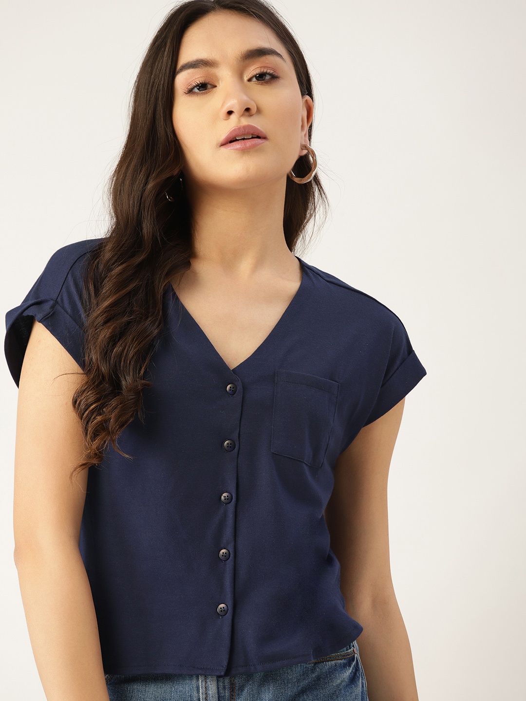 

DressBerry Navy Blue Solid Buttoned Front Regular Top