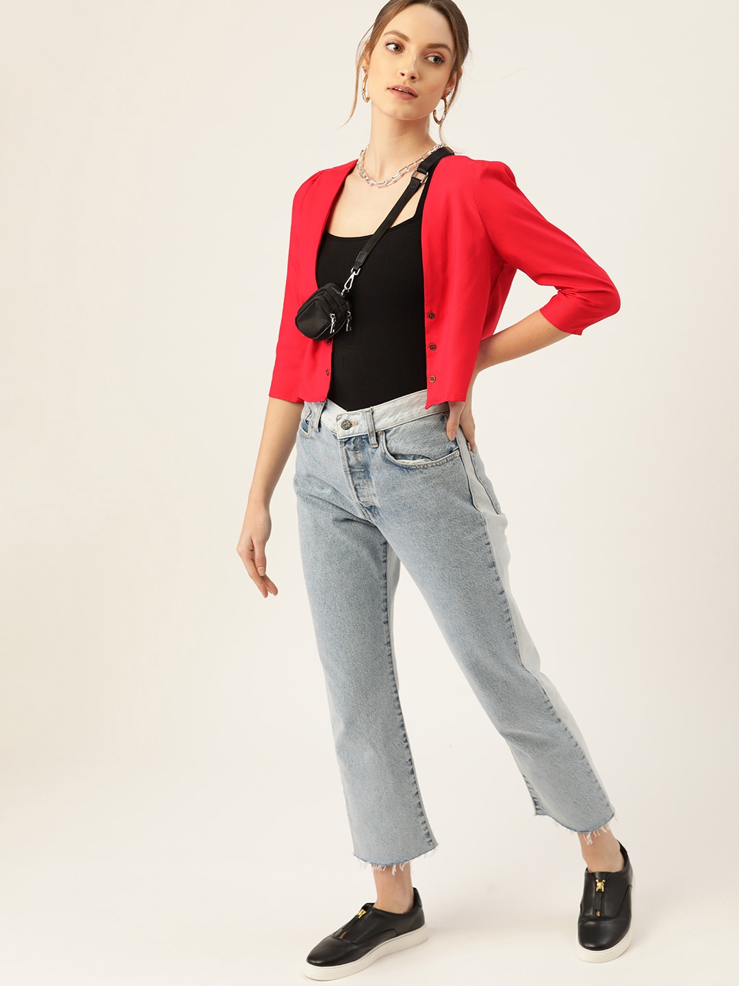 

DressBerry Women Red Crop Button Shrug