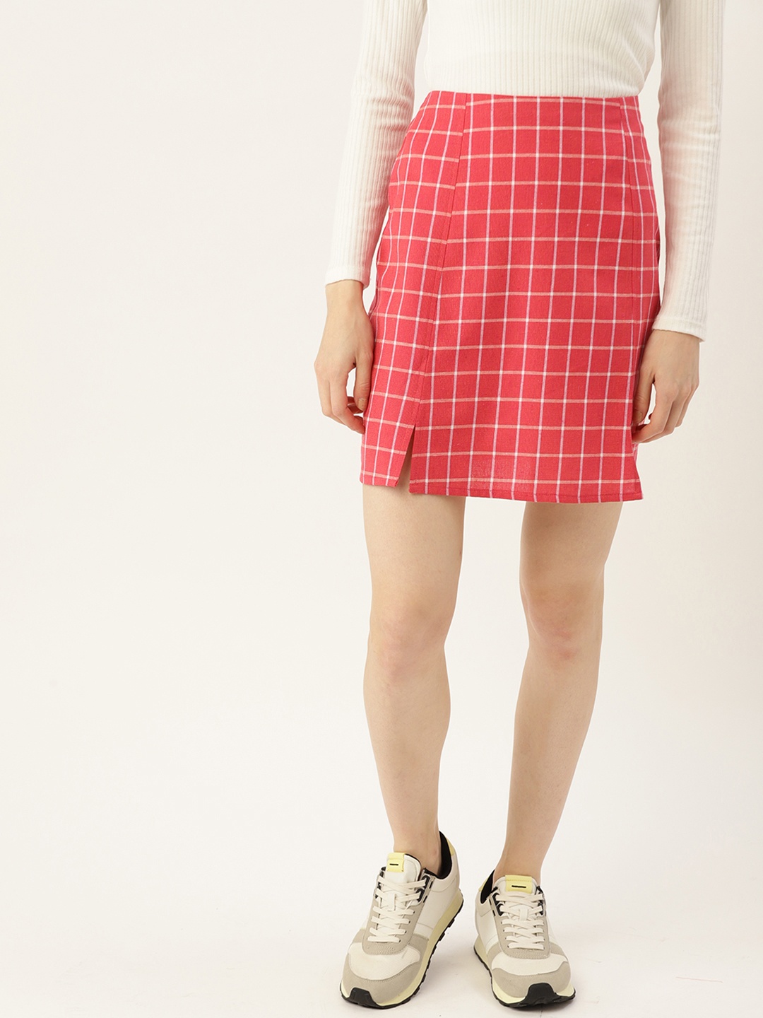 

DressBerry Pink & Beige Pure Cotton Checked Mini A-line Skirt