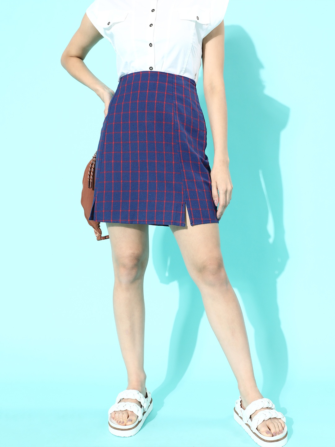

DressBerry Women Deep Navy Blue Checked Windowpane Checked Skirt