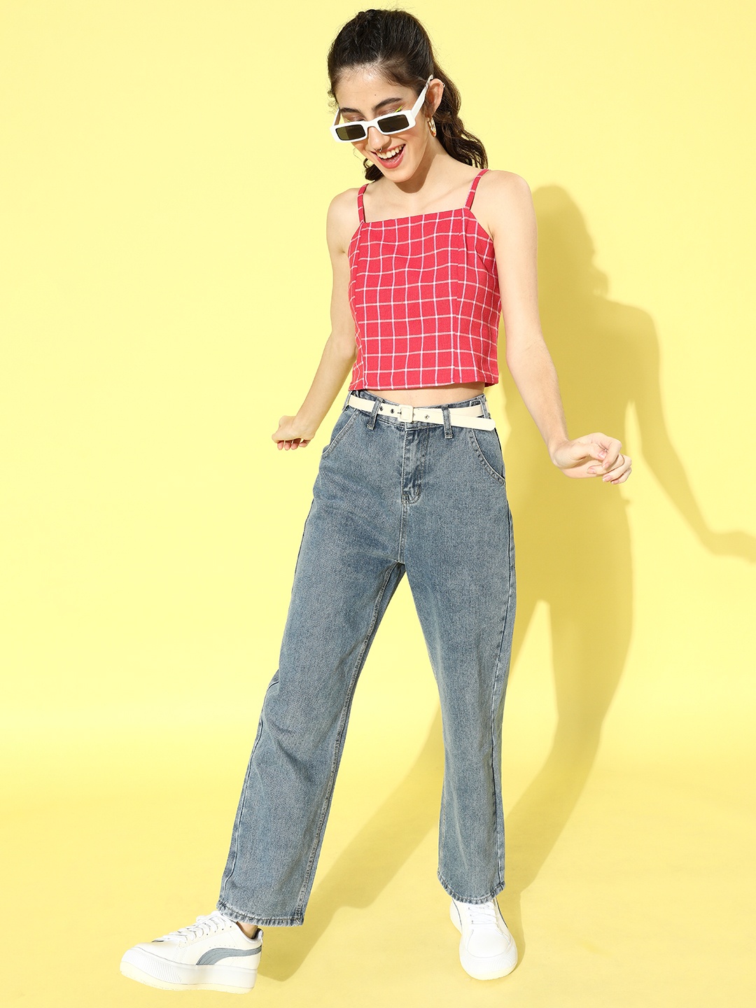 

DressBerry Women Pink Checked Cropped Top