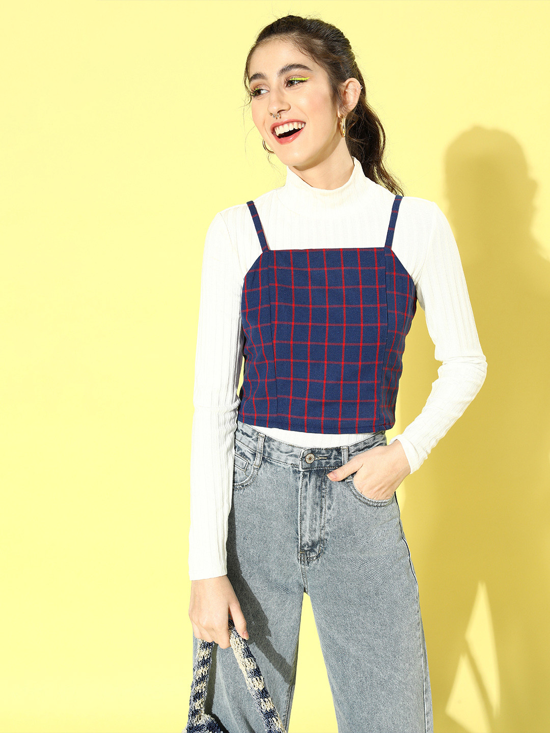 

DressBerry Women Deep Navy Blue Checked Cropped Top