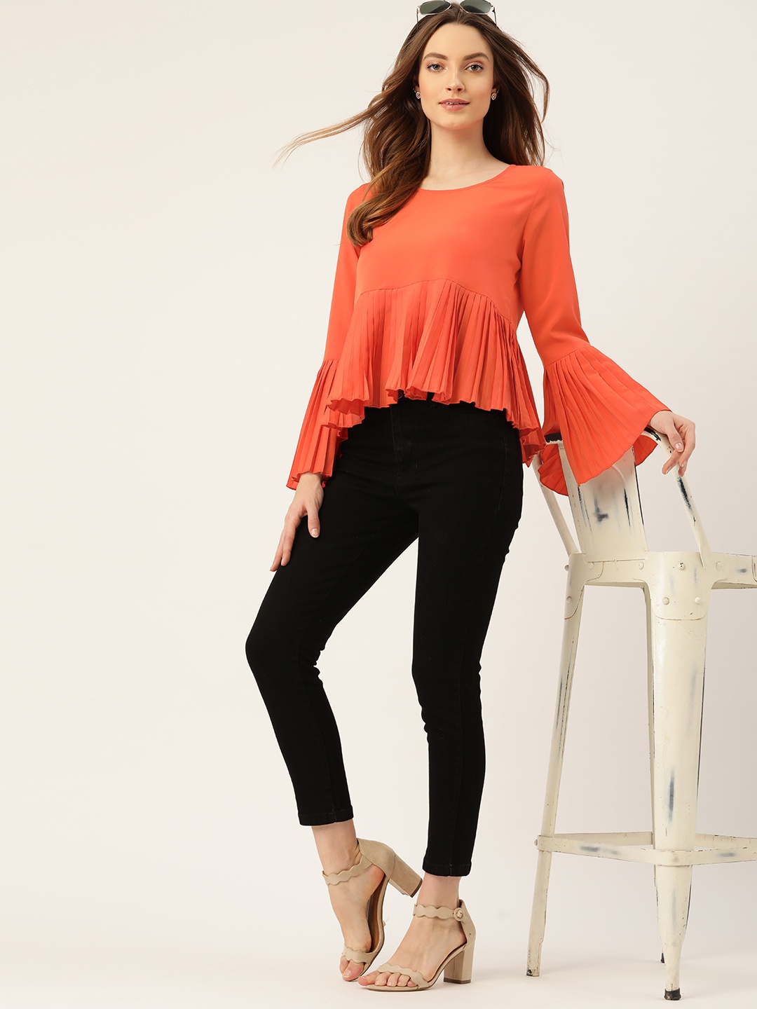 

DressBerry Orange Bell Sleeve Accordion Pleats A-Line Top