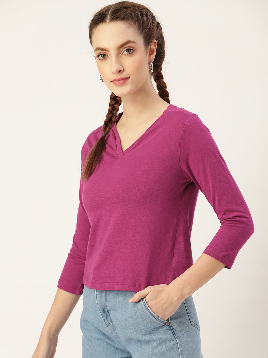 

DressBerry Women Purple V-Neck Pure Cotton T-shirt