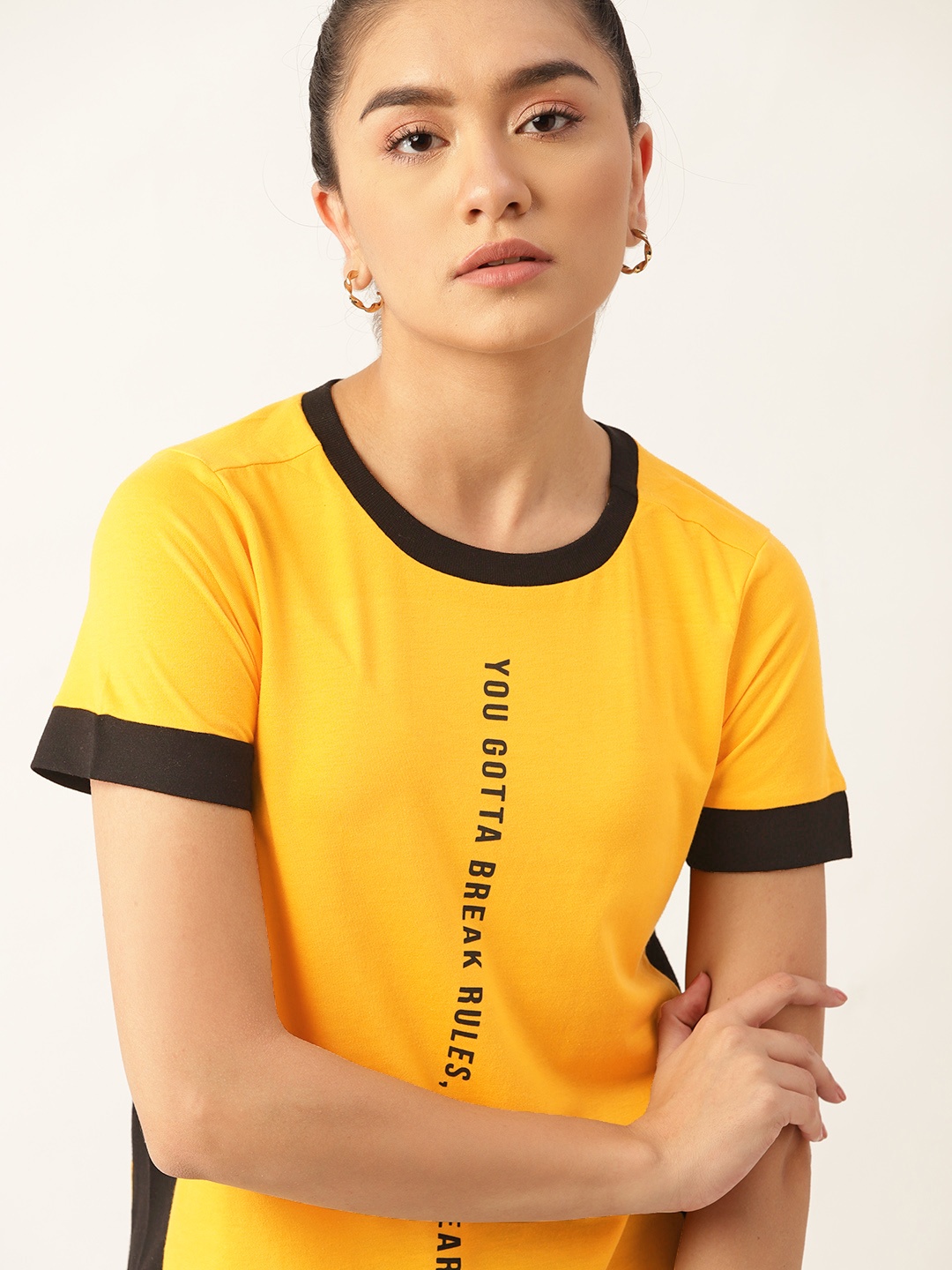 

DressBerry Women Yellow & Black Typography Printed T-shirt