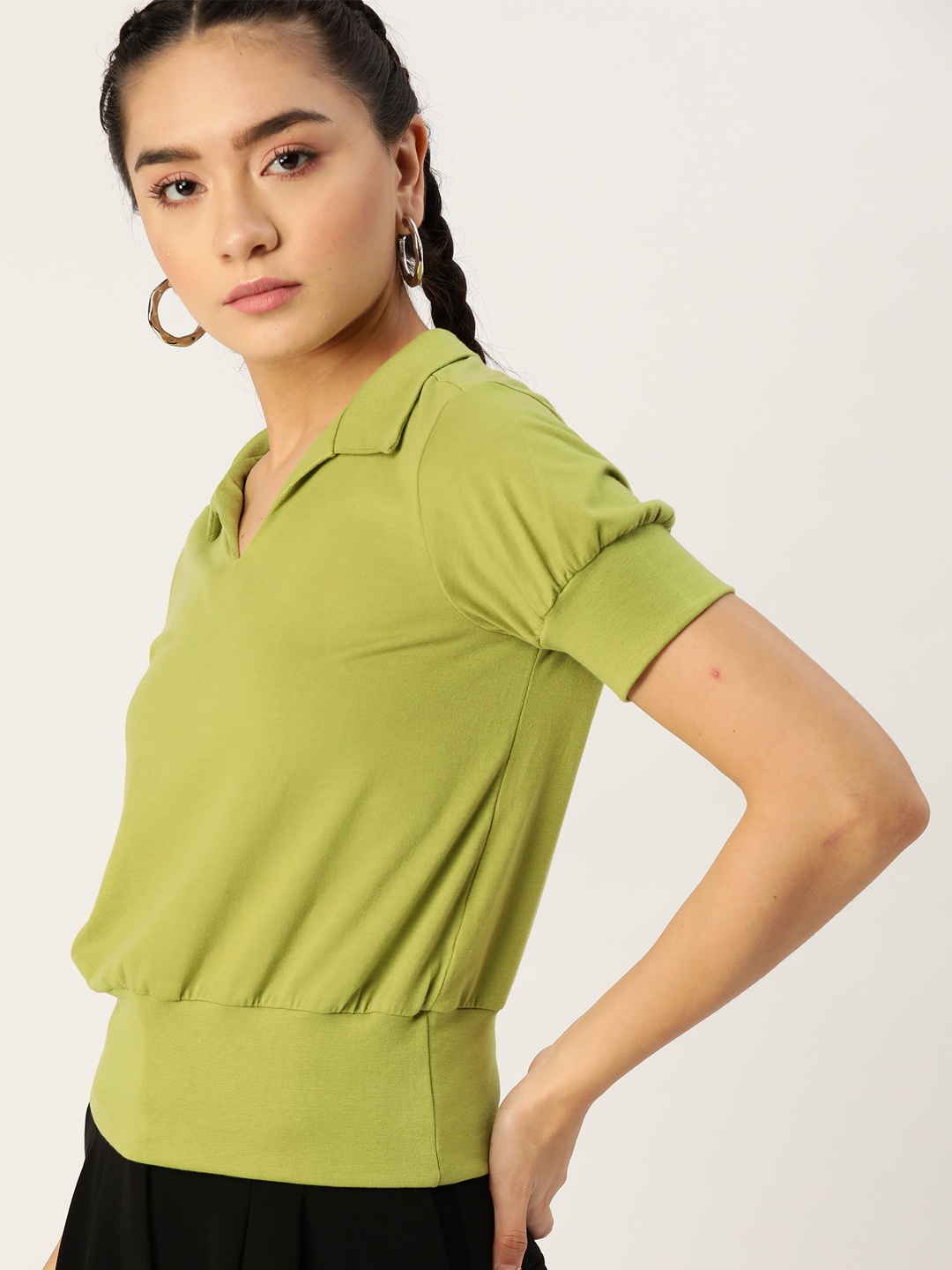 

DressBerry Green Solid Cinched Waist Top