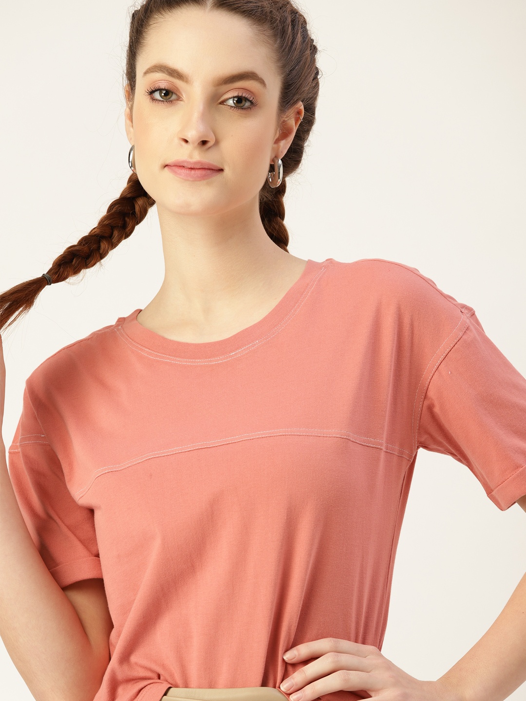 

DressBerry Women Peach-Coloured Solid Pure Cotton Drop-Shoulder Sleeves T-shirt
