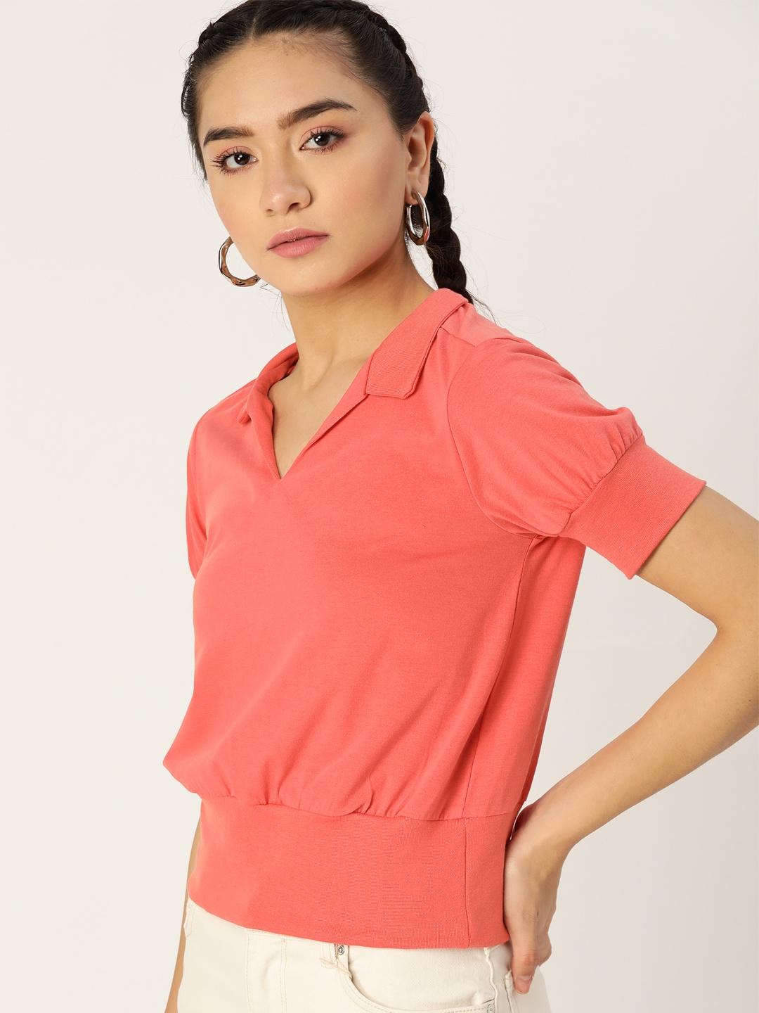 

DressBerry Coral Pink Solid Cinched Waist Top