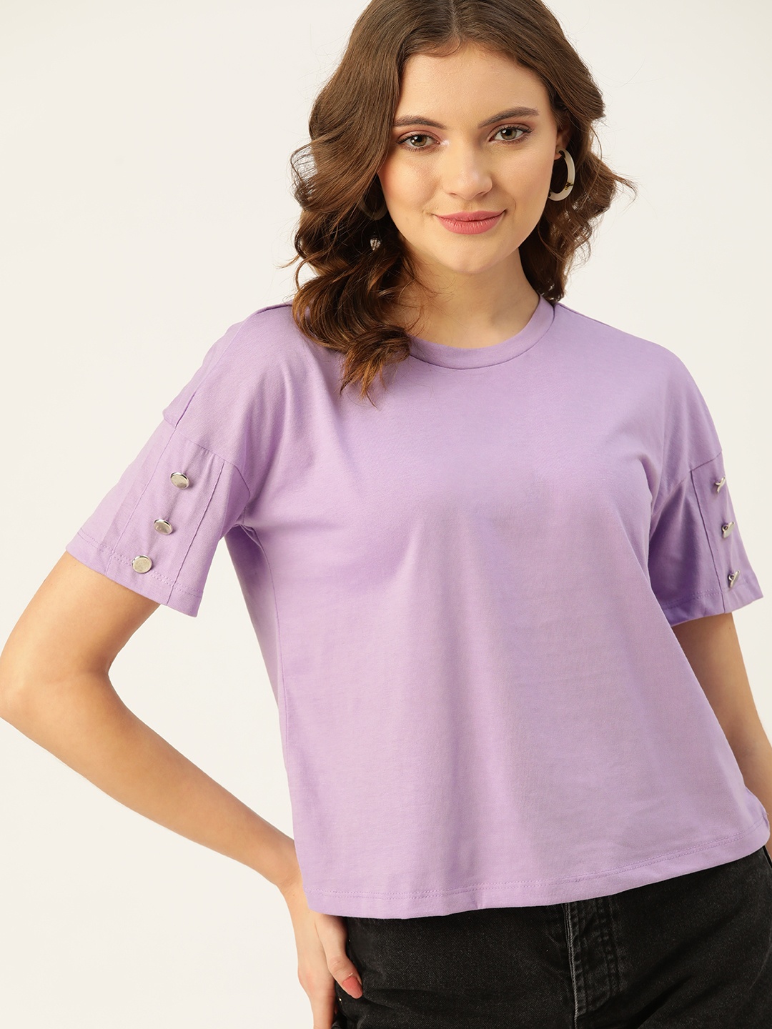 

DressBerry Women Lavender Solid Drop-Shoulder Sleeves T-shirt