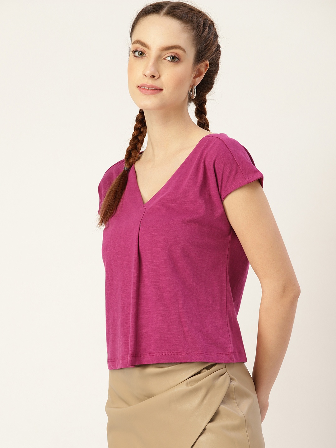 

DressBerry Purple Solid Pure Cotton Extended Sleeves Regular Top