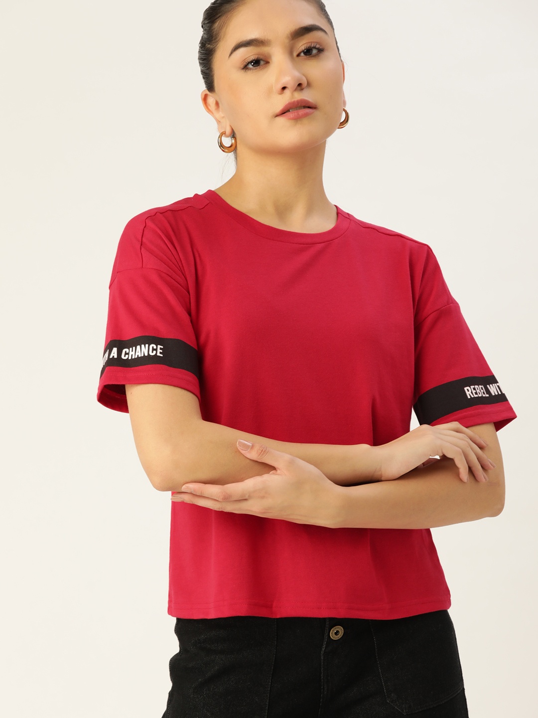 

DressBerry Women Red Solid Drop-Shoulder Sleeves T-shirt