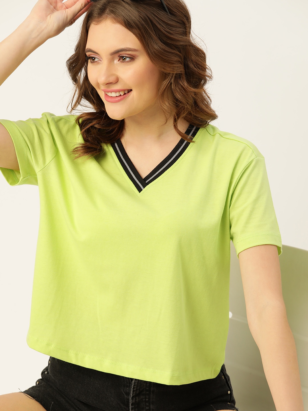

DressBerry Women Lime Green Solid V-Neck T-shirt