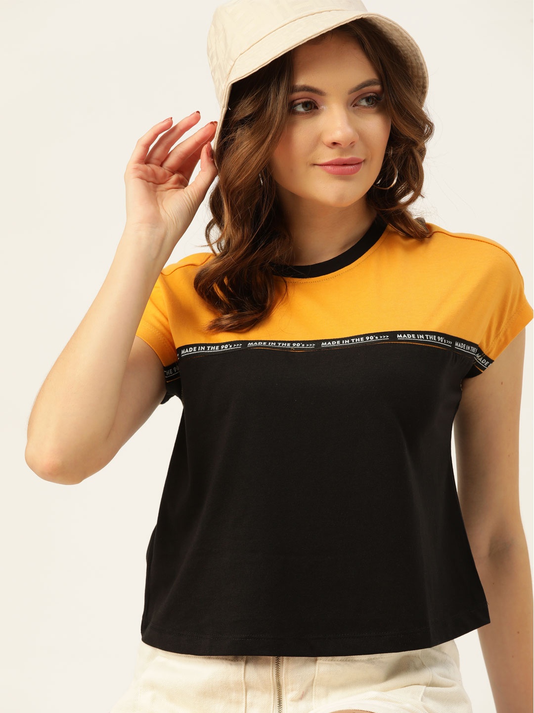 

DressBerry Women Black & Mustard Yellow Colourblocked Applique T-shirt