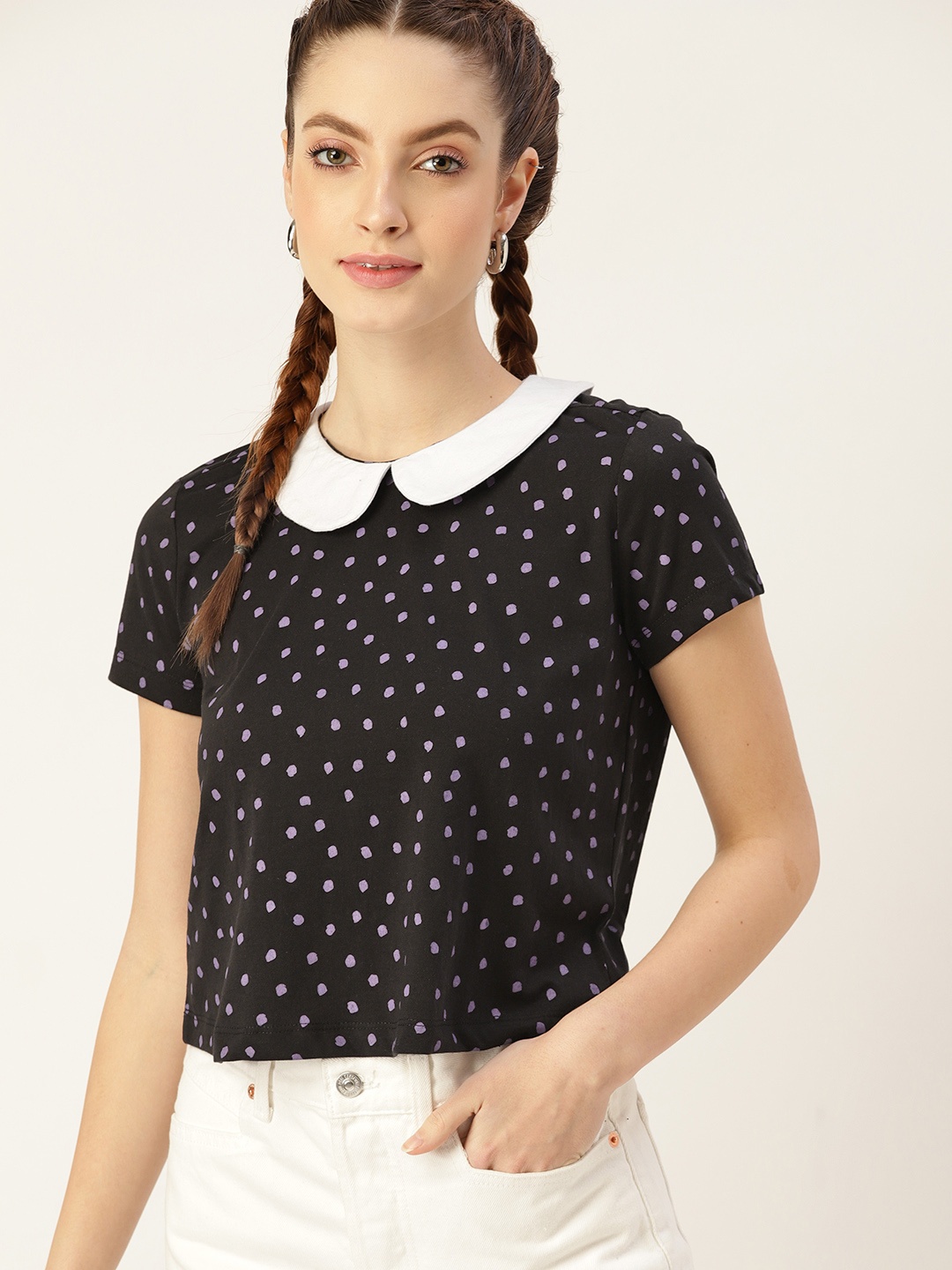 

DressBerry Women Black & Purple Printed Peter Pan Collar T-shirt