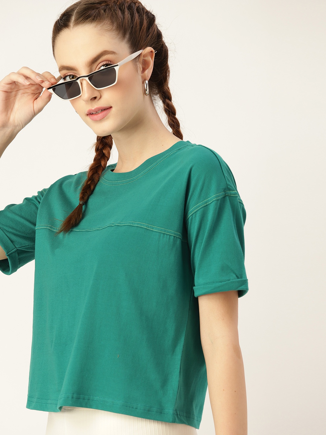 

DressBerry Women Green Pure Cotton Drop-Shoulder Sleeves T-shirt