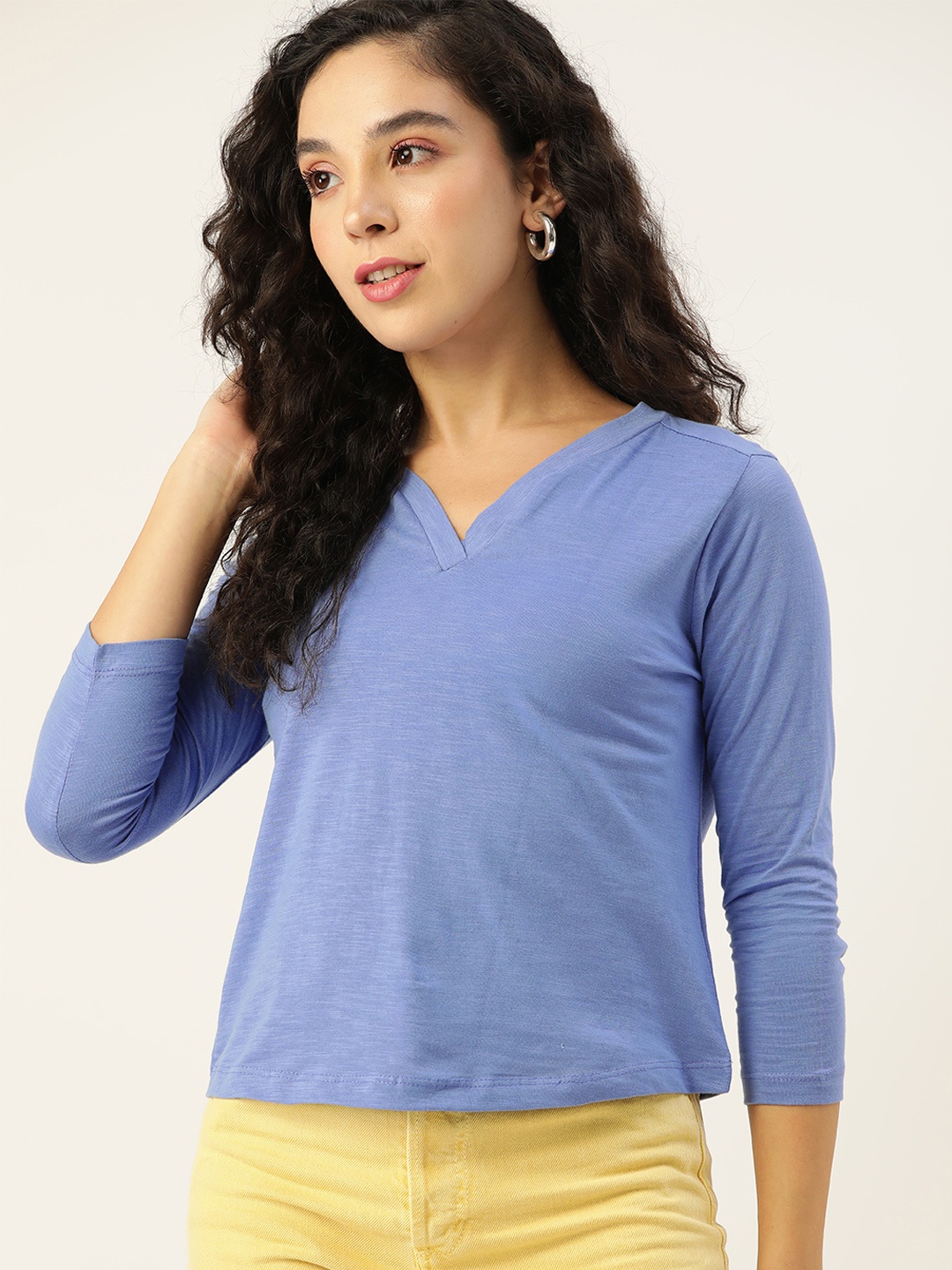 

DressBerry Women Blue Solid V-Neck Pure Cotton T-shirt