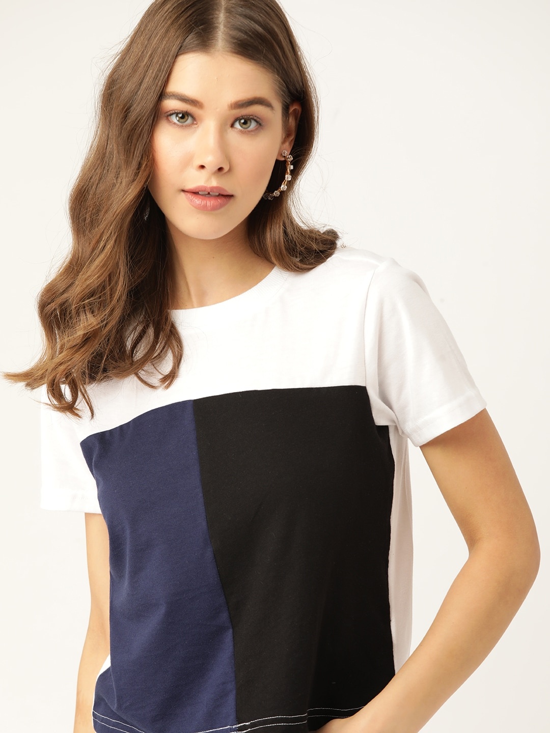 

DressBerry Women White & Navy Blue Colourblocked T-shirt