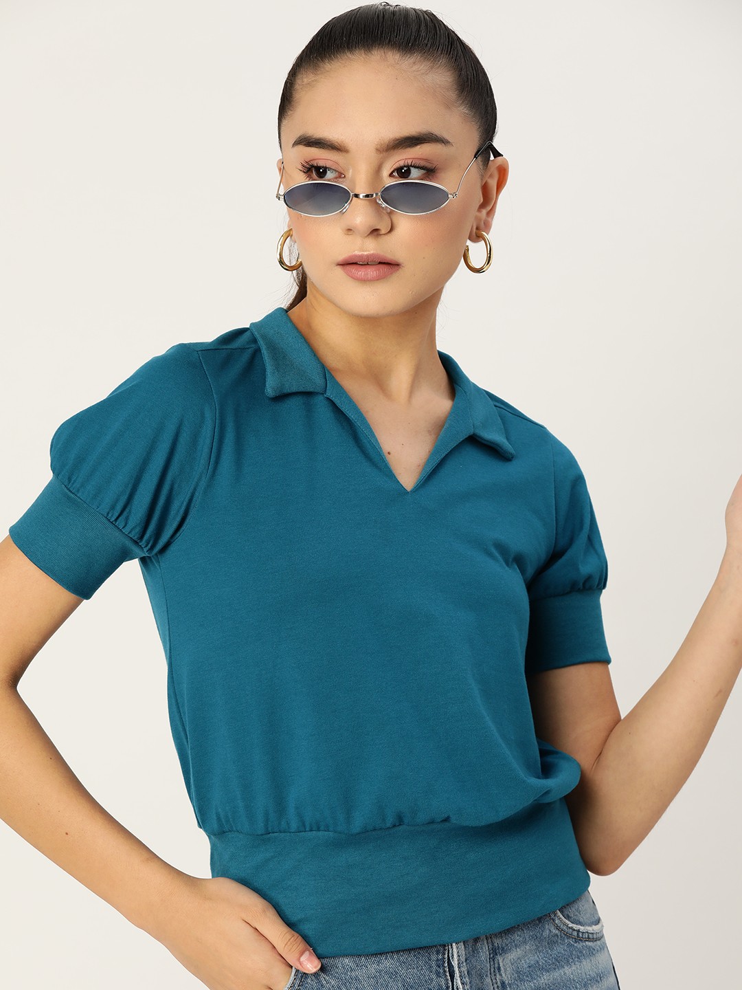 

DressBerry Teal Blue Solid Cinched Waist Top