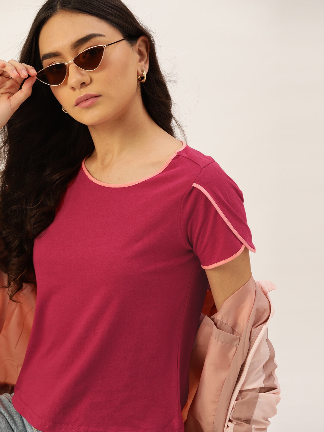 

DressBerry Women Magenta Cotton Petal Sleeves T-shirt
