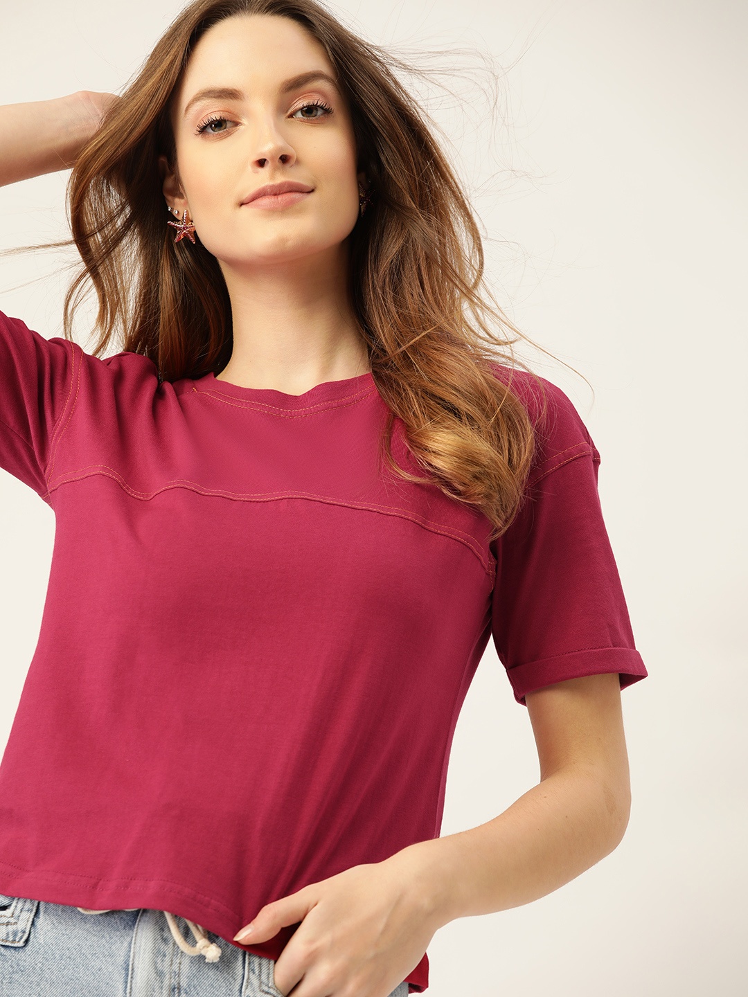 

DressBerry Women Maroon Solid Pure Cotton T-shirt