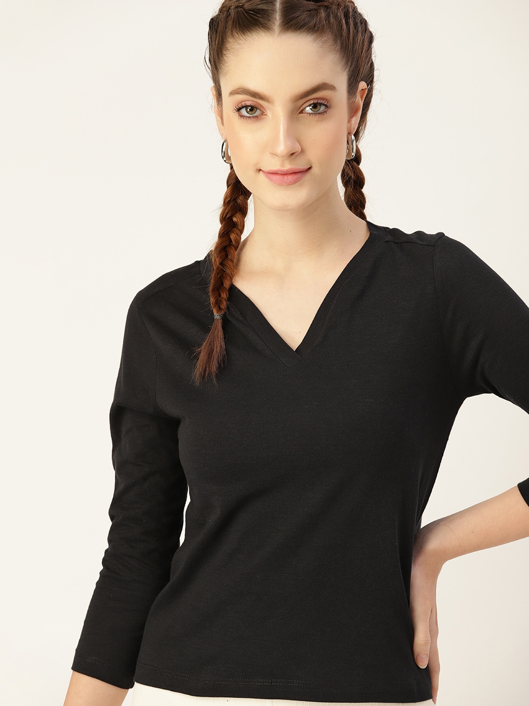 

DressBerry Women Black Pure Cotton V-Neck T-shirt