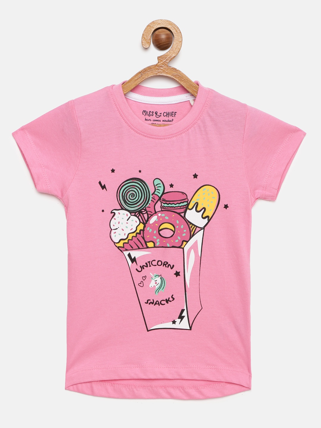 

Miss Chief Girls Pink Printed Pure Cotton T-shirt