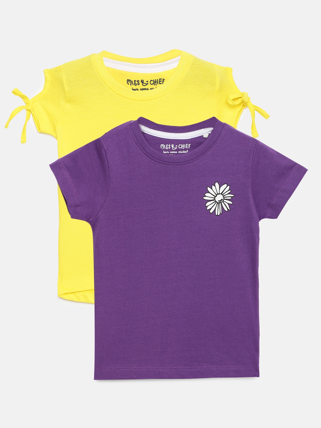 

Miss Chief Girls Pack of Printed Pure Cotton T-shirt Top, Purple