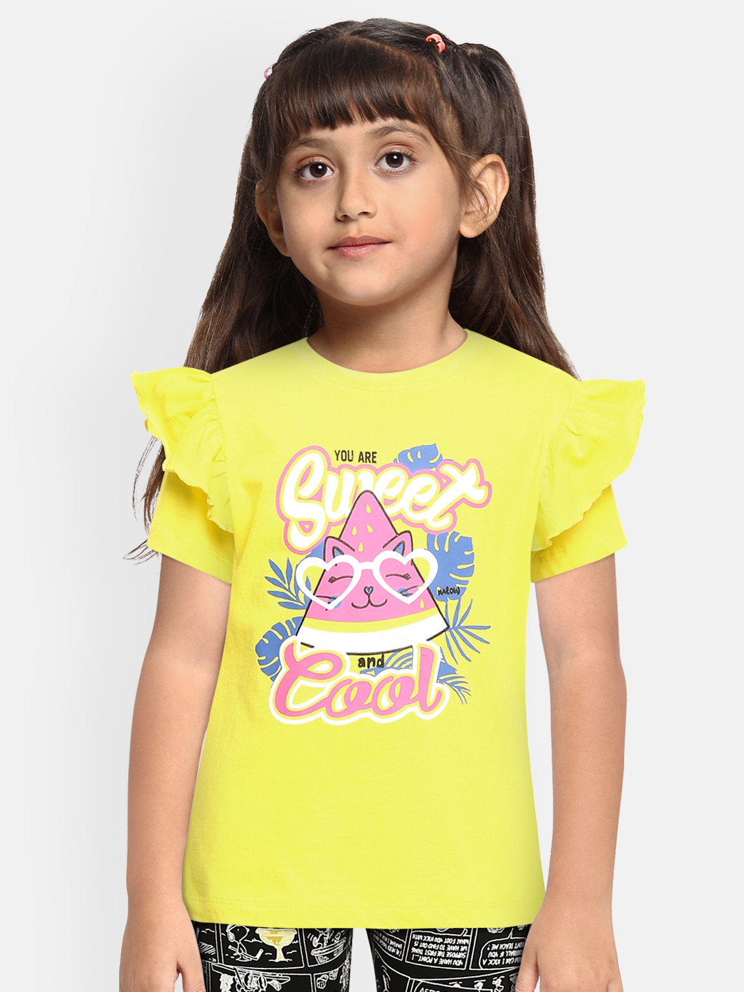

Miss & Chief Girls Yellow & Pink Typography Printed Pure Cotton Ruffles Top
