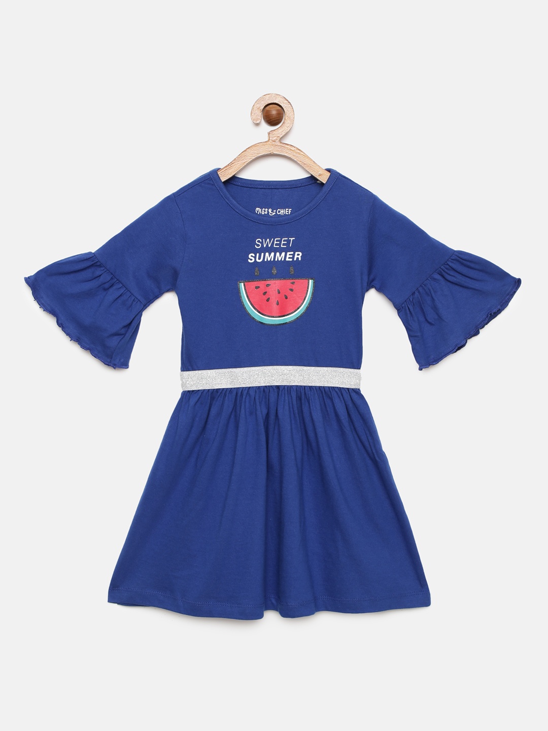 

Miss & Chief Girls Blue Printed Pure Cotton Fit & Flare Dress
