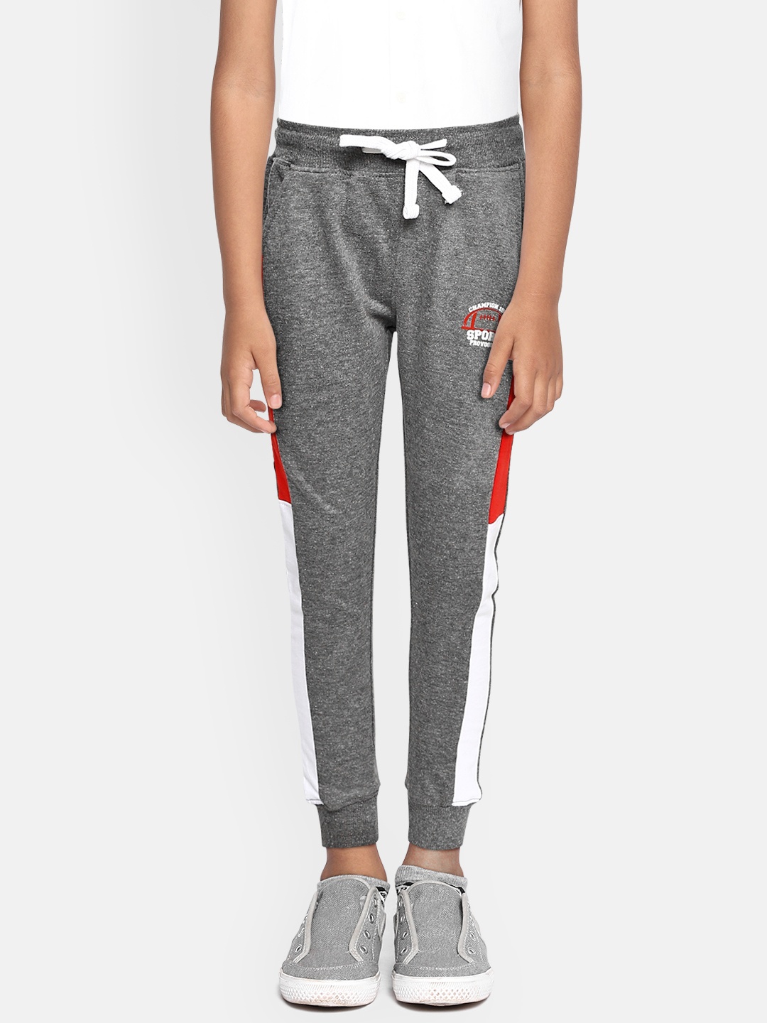 

Provogue Boys Grey & Red Printed Relaxed Fit Colourblocked Joggers