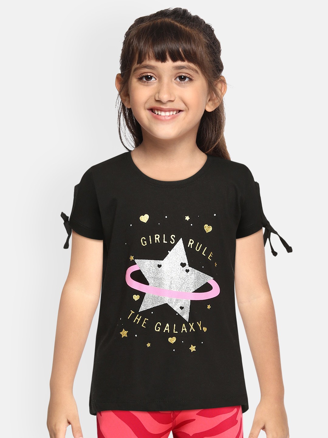 

Miss & Chief Girls Black & Silver-Toned Typography Printed Pure Cotton Top