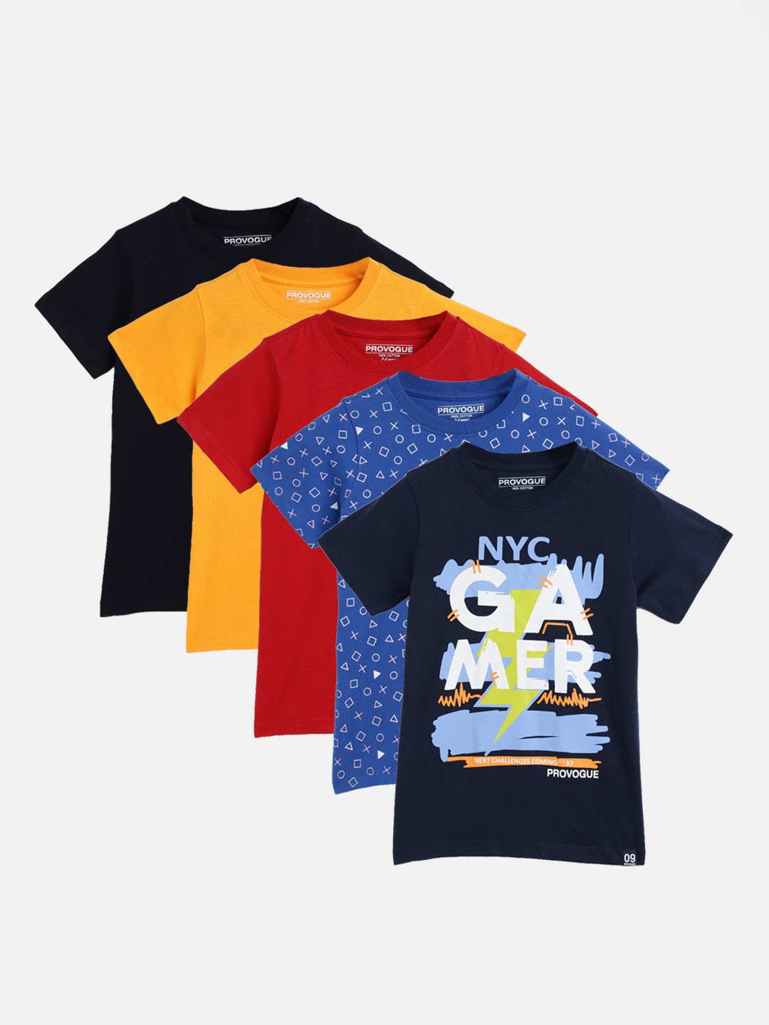 

Provogue Boys Pack of 5 Cotton T-shirts, Blue