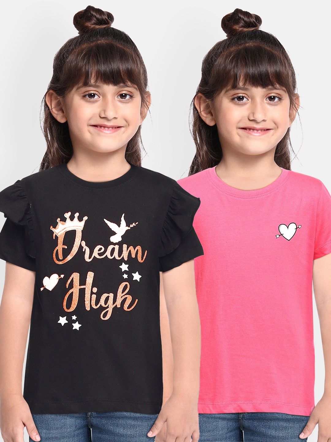 

Miss & Chief Girls Pack of 2 Printed Pure Cotton Round Neck Tops, Pink